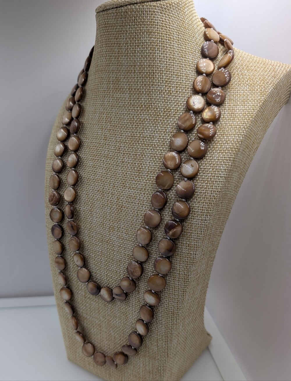 Long Iridescent Brown Shell Coin Disc Bead Endless Opera Necklace 0715